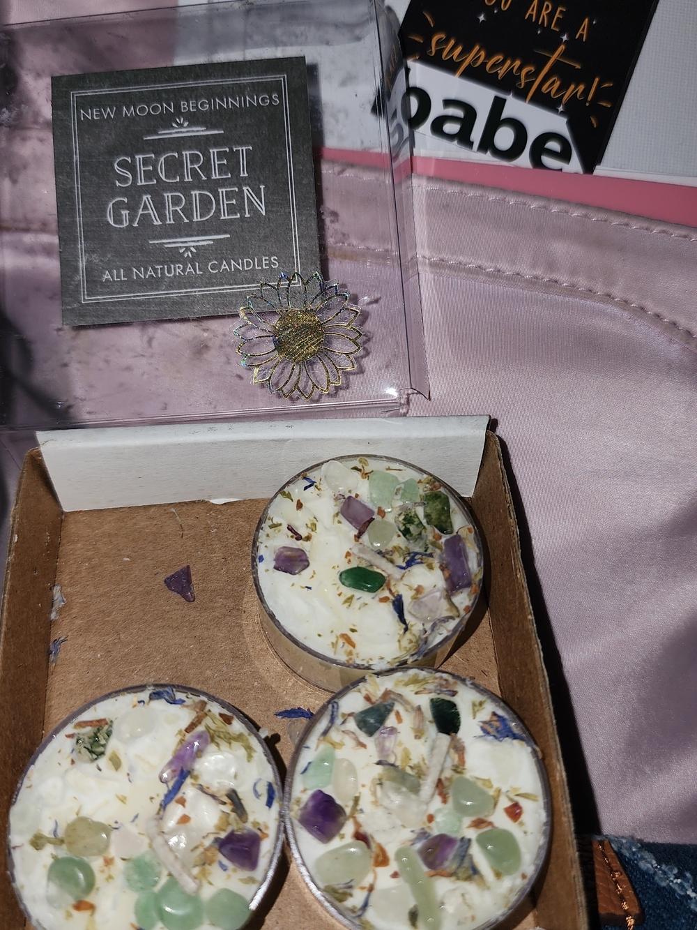 Secret Garden Tea Light Crystal Candles - White with Green & Purple Accents